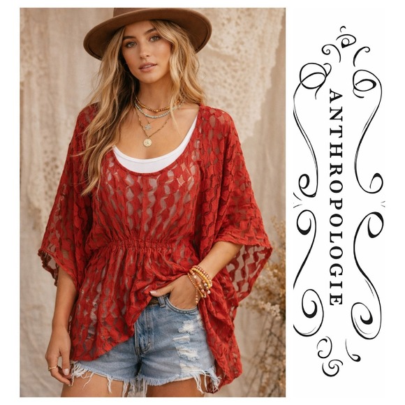 Anthropologie Tops - Anthropologie Rust Red Sheer Textured Kimono Tunic